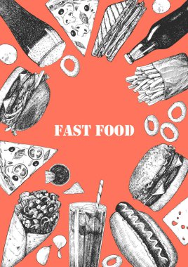 Fast Food Menüsü. Tabak ve ürünlerin el çizimi çizimi. Mürekkep. Vektör