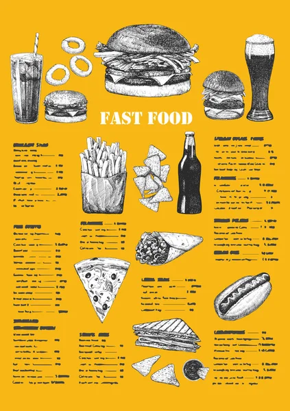 Fast Food Menü Handgezeichnete Illustration Von Gerichten Und Produkten Tinte — Stockvektor