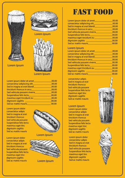 Меню Быстрого Питания Ручная Иллюстрация Блюд Продуктов Чернила Вектор — стоковый вектор