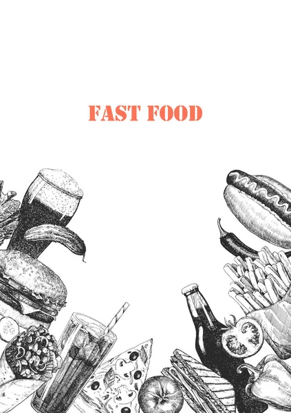 Fast Food Μενού Χειροποίητη Απεικόνιση Πιάτων Και Προϊόντων Μελάνι Διάνυσμα — Διανυσματικό Αρχείο