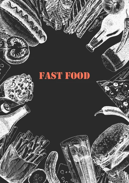 Fast Food Menüsü Tabak Ürünlerin Çizimi Çizimi Mürekkep Vektör — Stok Vektör