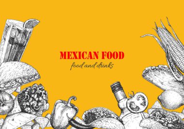 Meksika yemeği. Menü. Tabak ve ürünlerin el çizimi çizimi. Mürekkep. Vektör