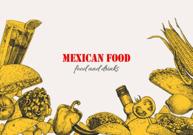 Meksika yemeği. Menü. Tabak ve ürünlerin el çizimi çizimi. Mürekkep. Vektör