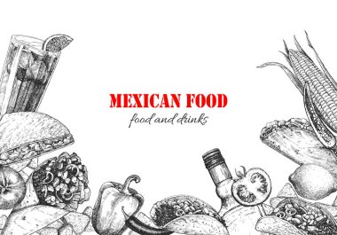 Meksika yemeği. Menü. Tabak ve ürünlerin el çizimi çizimi. Mürekkep. Vektör
