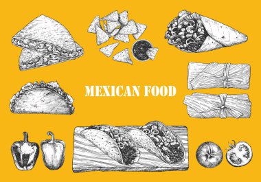Meksika yemeği. Menü. Tabak ve ürünlerin el çizimi çizimi. Mürekkep. Vektör