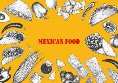 Meksika yemeği. Menü. Tabak ve ürünlerin el çizimi çizimi. Mürekkep. Vektör