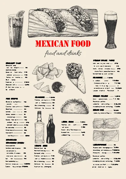 Мексиканская Еда Меню Ручная Иллюстрация Блюд Продуктов Чернила Вектор — стоковый вектор