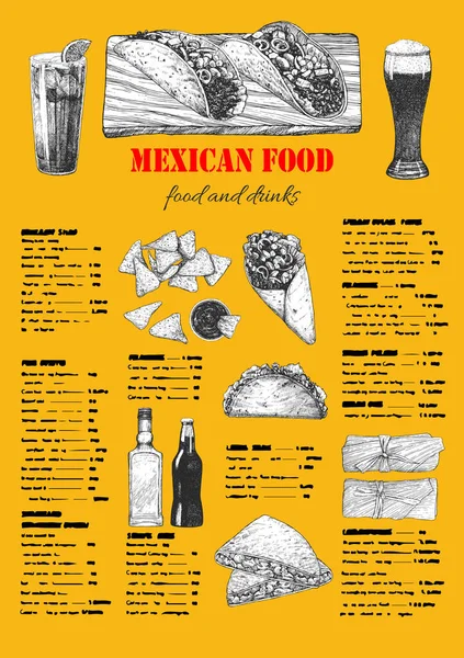 Meksykańskie Jedzenie Menu Ręcznie Rysowane Ilustracje Dań Produktów Tusz Wektor — Wektor stockowy