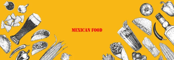 Comida Mexicana Menu Ilustração Desenhada Mão Pratos Produtos Tinta Vetor —  Vetores de Stock