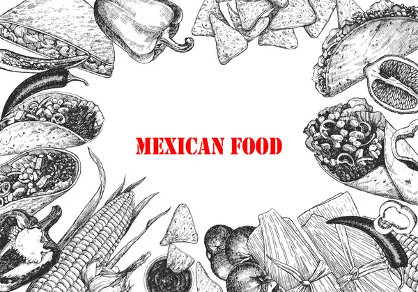 Μεξικάνικο Μενού Χειροποίητη Απεικόνιση Πιάτων Και Προϊόντων Μελάνι Διάνυσμα — Διανυσματικό Αρχείο