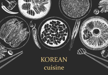 Kore yemekleri ile yatay broşür, Asya yemekleri ile illüstrasyon. menü kapağı 