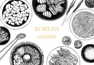 Geleneksel Kore yemekleri çizimi. Tabaklı kaseler ve suşili çubuklar. 