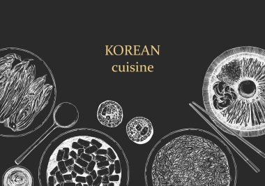 Geleneksel Kore yemekleri, menü kapağı el çizimi illüstrasyon