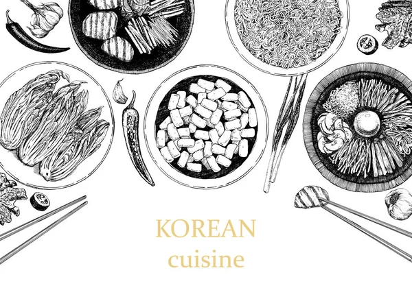 Brochure Horizontale Avec Repas Coréens Illustration Avec Plats Asiatiques Couverture — Image vectorielle