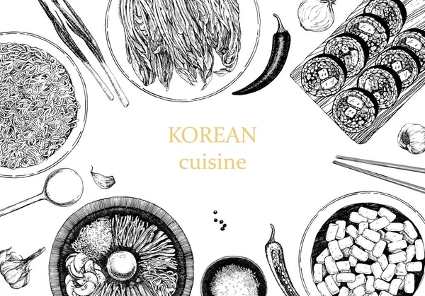 Traditionele Koreaanse Gerechten Menu Illustratie Pepers Knoflook Noedels — Stockvector