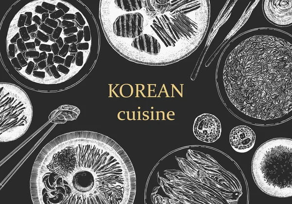 Ilustración Tradicional Comidas Coreanas Tazones Con Platos Palillos Con Sushi — Archivo Imágenes Vectoriales