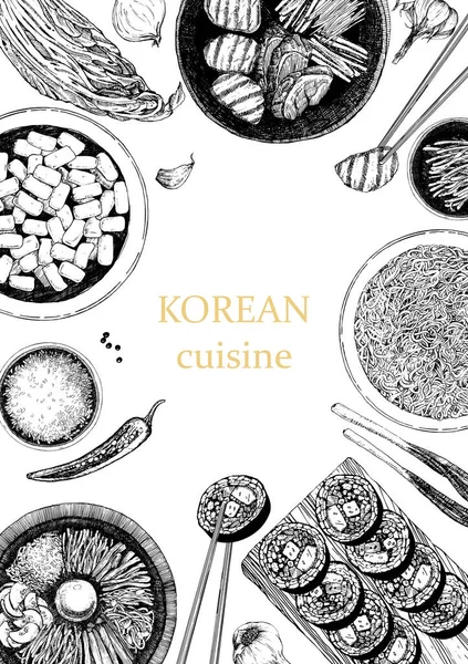 Verticale Brochure Met Koreaanse Maaltijden Menucover Illustratie Met Aziatische Gerechten — Stockvector