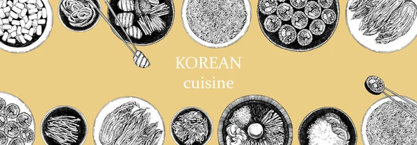 Horizontale Menubrochure Handgetekende Illustratie Van Traditioneel Koreaans Eten — Stockvector
