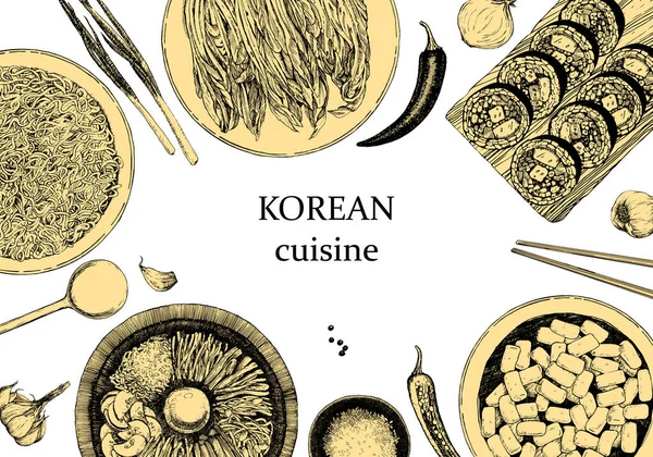 Plats Coréens Traditionnels Illustration Couverture Menu Poivrons Oignons Ail Nouilles — Image vectorielle