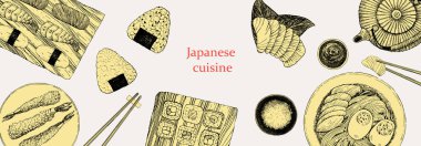 Japon Restoran Menüsü. Tabak ve ürünlerin el çizimi çizimi. Mürekkep. Vektör