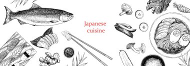 Japon Restoran Menüsü. Tabak ve ürünlerin el çizimi çizimi. Mürekkep. Vektör