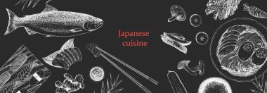 Japon Restoran Menüsü. Tabak ve ürünlerin el çizimi çizimi. Mürekkep. Vektör
