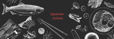 Japanese Restaurant Menu. Hand-drawn illustration of dishes and products. Ink. Vector clipart