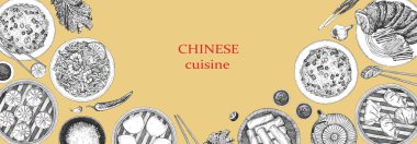 Çin Restoranı Menüsü. Tabak ve ürünlerin el çizimi çizimi. Mürekkep. Vektör