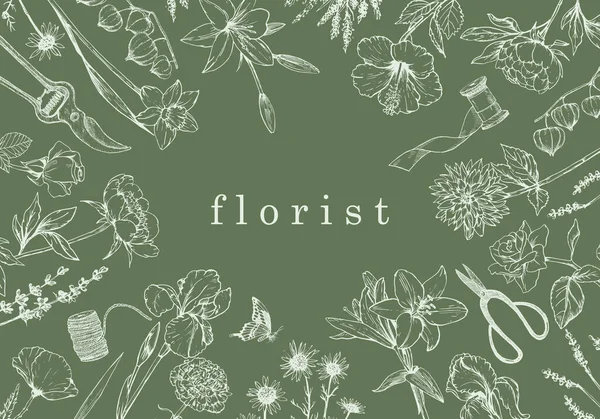 フラワーショップ フローリスト 手描きの花やオブジェのイラスト インク ベクター — ストックベクタ