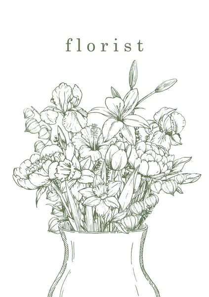Çiçekçi Çiçekçi Çiçeklerin Nesnelerin Çizimi Mürekkep Vektör — Stok Vektör