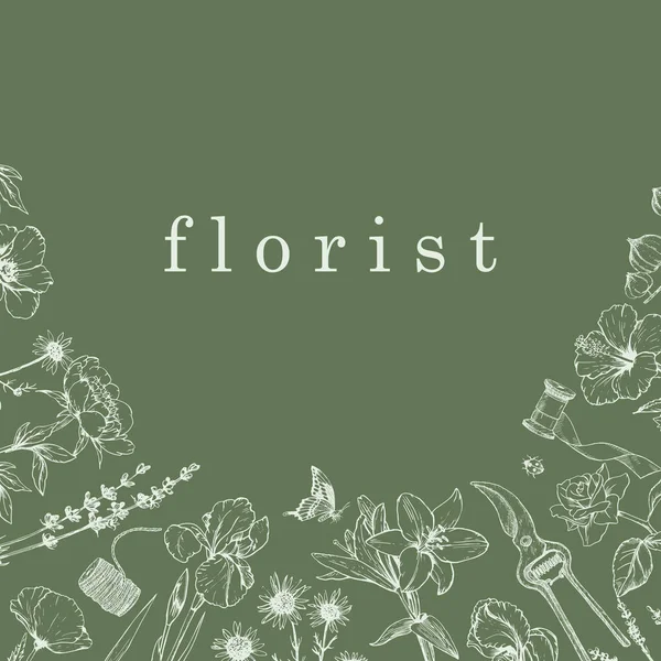 Fleuriste Fleuriste Illustration Dessinée Main Fleurs Objets Encre Vecteur — Image vectorielle