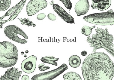 Çiftlik ürünlerinin el çizimi vektör çizimi. Sağlıklı yemek metni 