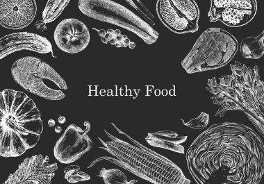 Çiftlik ürünlerinin el çizimi vektör çizimi. Sağlıklı yemek metni 