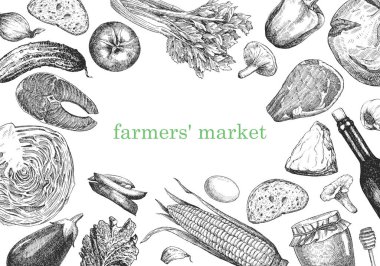 Çiftlik ürünlerinin el çizimi vektör çizimi. Çiftçi pazar metni 