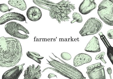 Çiftlik ürünlerinin el çizimi vektör çizimi. Çiftçi pazar metni 