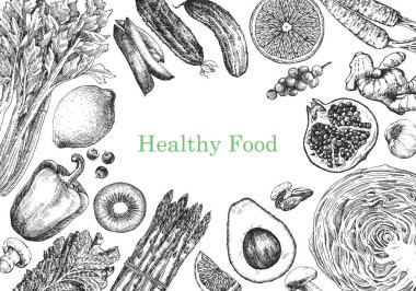 Çiftlik ürünlerinin el çizimi vektör çizimi. Sağlıklı yemek metni 