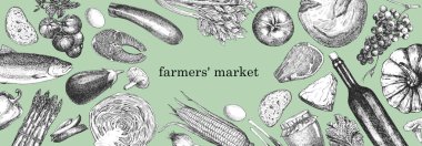 Çiftlik ürünlerinin el çizimi vektör çizimi. Çiftçi pazar metni 