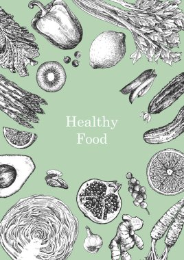 Çiftlik ürünlerinin el çizimi vektör çizimi. Sağlıklı yemek metni 