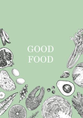 Çiftlik ürünlerinin el çizimi vektör çizimi. İyi yemek metni 