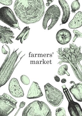 Çiftlik ürünlerinin el çizimi vektör çizimi. Çiftçi pazar metni 