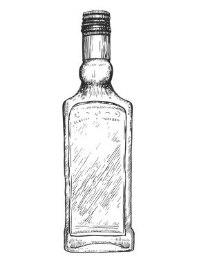 Elle çizilmiş bir şişe tekila resmi. Vektör. Mürekkep çizimi