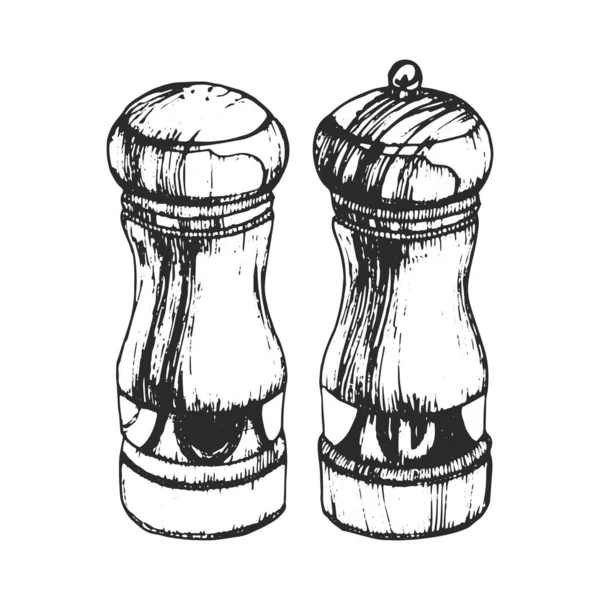 Kézzel Rajzolt Illusztráció Salt Pepper Millsről Konyhai Eszközök Vektor Tintarajzolás — Stock Vector