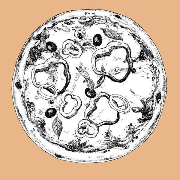 Παραδοσιακά Ιταλικά Πιάτα Χειροποίητη Απεικόνιση Της Πίτσας Βέκτορ Σχέδιο Μελανιού — Διανυσματικό Αρχείο