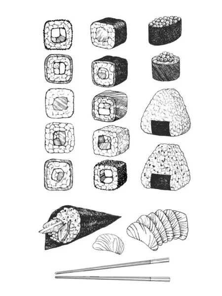 Ilustrasi Gambar Tangan Dari Sushi Rolls Jepang Tinta Vektor - Stok Vektor