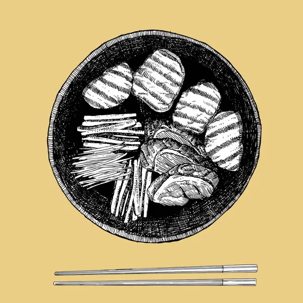 Азиатские Блюда Ручная Иллюстрация Гриль Мяса Корейское Барбекю Вектор Чернильный — стоковый вектор