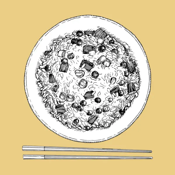 Азиатские Блюда Ручная Иллюстрация Жареного Риса Вектор Чернильный Рисунок — стоковый вектор