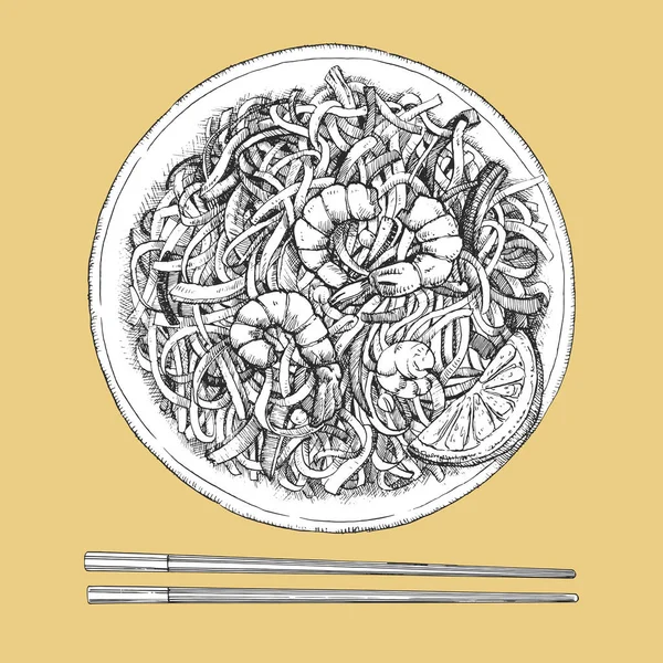 Platos Asiáticos Ilustración Dibujada Mano Shrimp Stir Fry Noodle Vector — Vector de stock