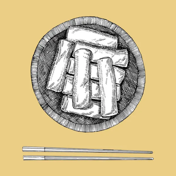 Азиатские Блюда Ручная Иллюстрация Китайских Весенних Роллов Вектор Чернильный Рисунок — стоковый вектор