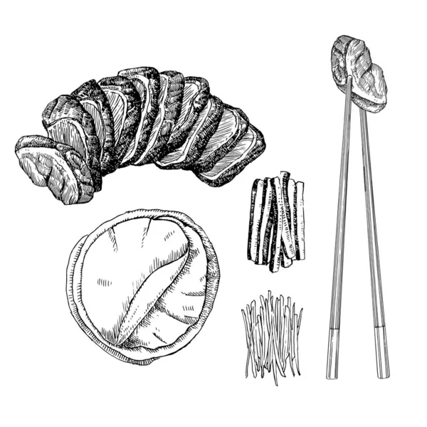 Azjatyckie Potrawy Ręcznie Rysowana Ilustracja Kaczki Pekińskiej Wektor Rysunek Atramentu — Wektor stockowy