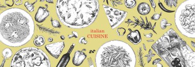 Geleneksel İtalyan mutfağı. Geleneksel İtalyan yemekleri ve ürünlerinin el çizimi. Mürekkep. Vektör